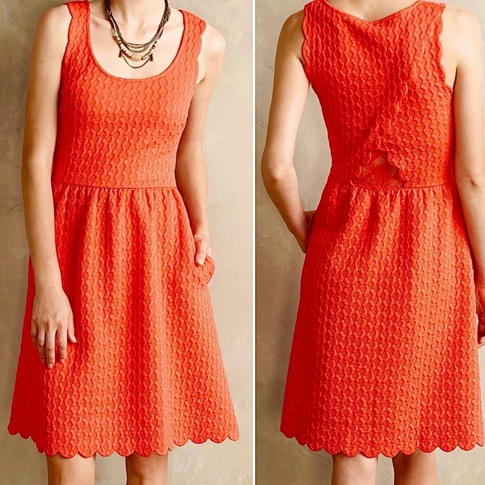 Maeve Knit Side Pockets Caye Scalloped Dress S Coral Orange NWT ANTHROPOLOGIE